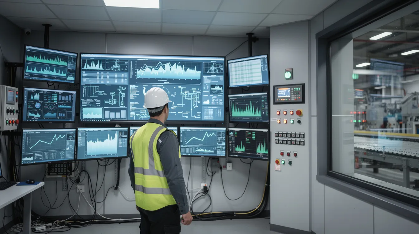 Ein Ingenieur steht in einem Kontrollraum einer Fabrik und betrachtet konzentriert Daten auf einem Bildschirm, während er die Wartungsplanung für Maschinen und Anlagen überwacht. Die Umgebung ist mit technischen Geräten ausgestattet, die für das Instandhaltungsmanagement und die Überwachung der Produktionsprozesse wichtig sind.