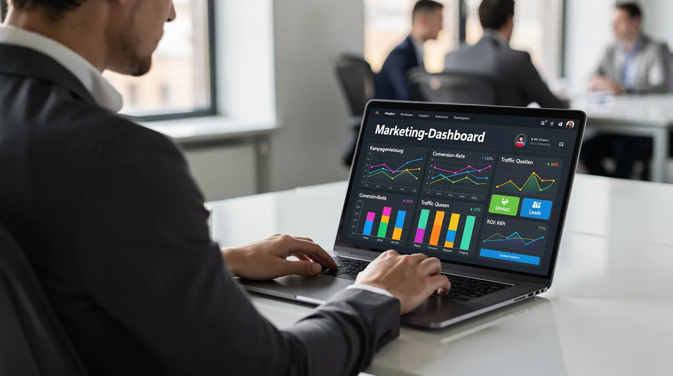 Eine Person sitzt an einem Laptop und analysiert Marketing-Dashboards, die verschiedene Diagramme und Kennzahlen anzeigen. Die Daten auf dem Bildschirm beziehen sich auf Marktanteile, Kundengewinnung und Marketingstrategien, die zur Verbesserung der Unternehmensleistung und Erhöhung des Umsatzes beitragen sollen.