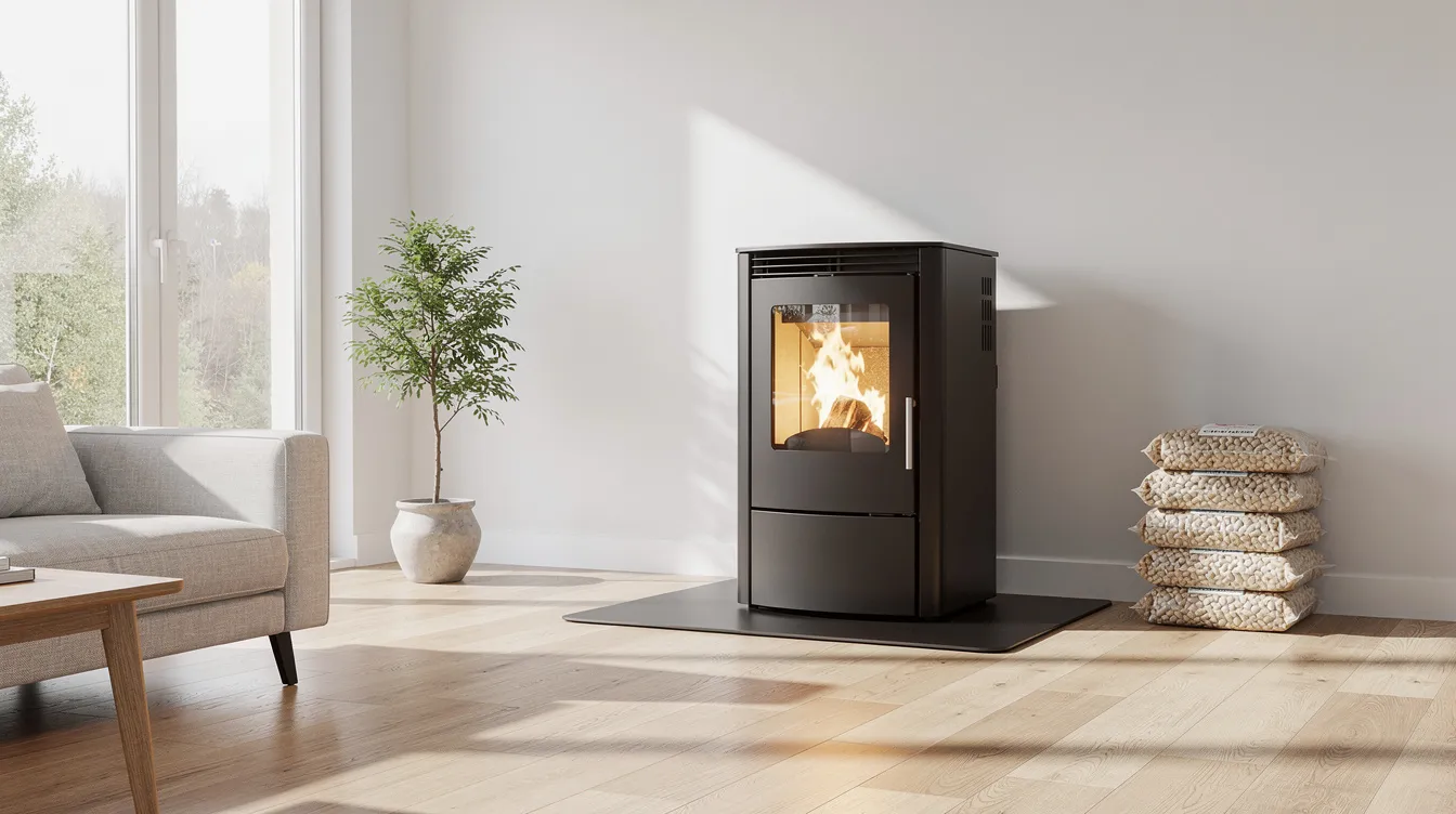 Ein moderner Pelletofen steht in einem hellen Wohnzimmer mit großen Fenstern und einem Holzboden, der eine angenehme Wärme und ein gemütliches Ambiente schafft. Der Pelletofen vereint zeitgemäßes Design und effiziente Heizleistung, ideal für das Zuhause.