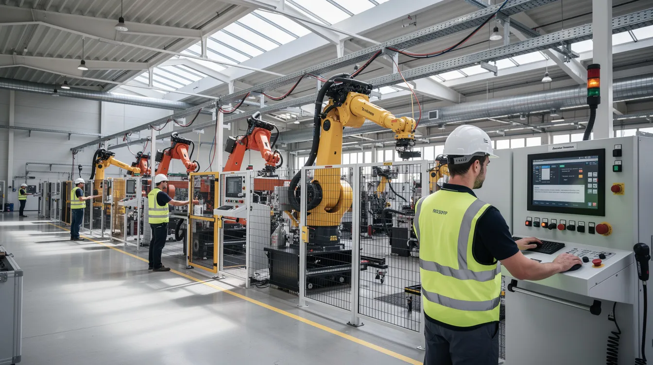 Die moderne Produktionshalle zeigt Industrieroboter, die präzise Maschinen bedienen, während Ingenieure an Steuerungen arbeiten. Diese innovative Umgebung repräsentiert die Wettbewerbsfähigkeit und den Erfolg deutscher Unternehmen im Bereich der Industrie und Technik.