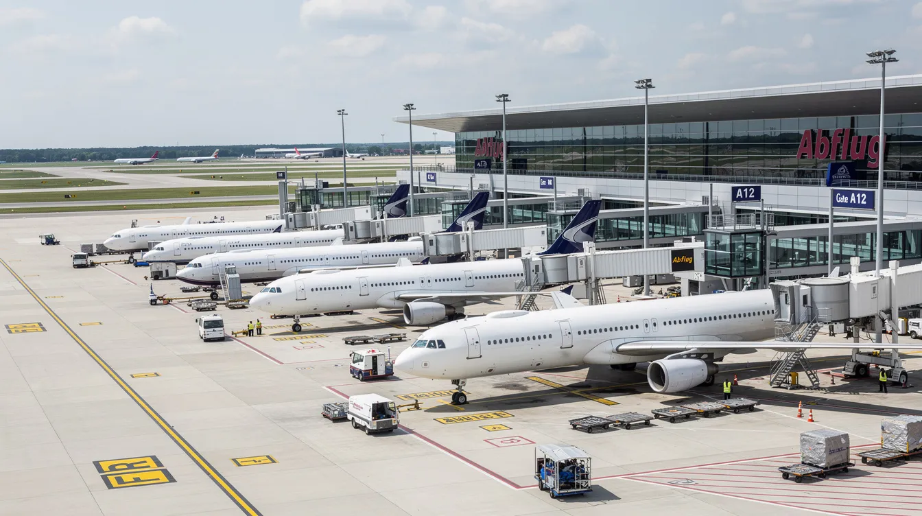 Das Bild zeigt mehrere Passagierflugzeuge, die an einem großen Flughafen-Terminal stehen. Die Flugzeuge sind in verschiedenen Farben lackiert und umgeben von einem geschäftigen Flughafenbetrieb, der die Marktanteile der Fluggesellschaften verdeutlicht.