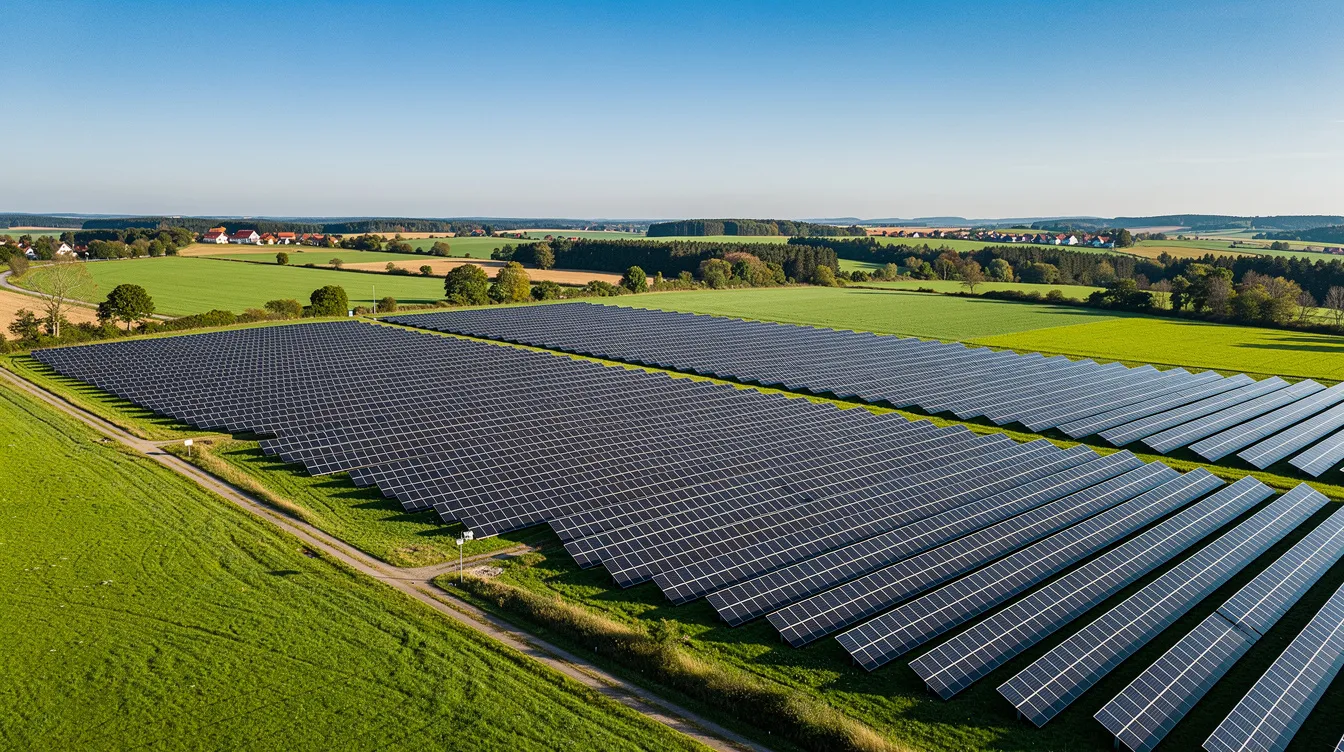 Die große Freiflächensolaranlage erstreckt sich über die grüne Landschaft Deutschlands, umgeben von klarem Himmel und strahlendem Sonnenlicht. Diese Photovoltaikanlagen sind ein wichtiger Bestandteil der erneuerbaren Energien und tragen zur nachhaltigen Stromerzeugung bei.
