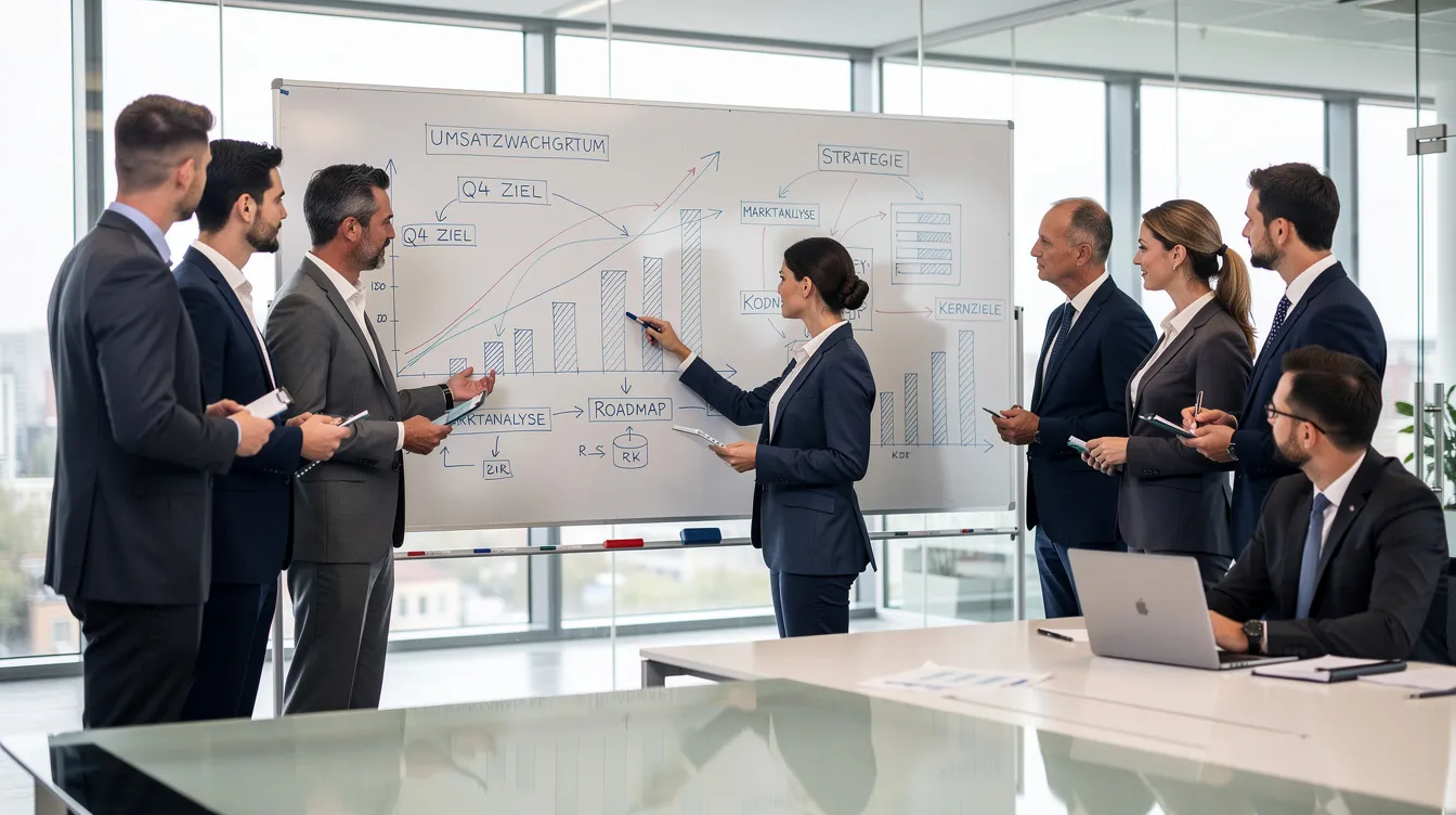 In einem modernen Büro arbeiten mehrere Geschäftsleute gemeinsam an einem Whiteboard, auf dem Wachstumskurven und Strategiediagramme skizziert sind. Diese Zusammenarbeit zielt darauf ab, effektive Marketingstrategien zur Steigerung des Marktanteils und zur Kundengewinnung zu entwickeln.