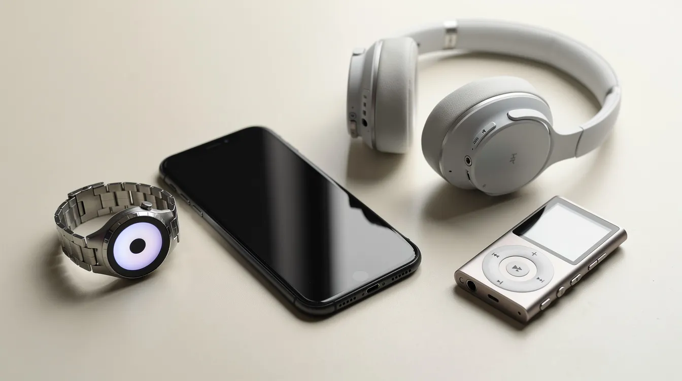 Das Bild zeigt verschiedene Produkte wie ein Smartphone, eine Smartwatch, Kopfhörer und einen MP3-Player, die nebeneinander auf einem hellen Tisch angeordnet sind. Diese Produkte repräsentieren unterschiedliche Kategorien im Bereich der Unterhaltungselektronik, die in einer Portfolioanalyse, wie der BCG-Matrix, bewertet werden können.