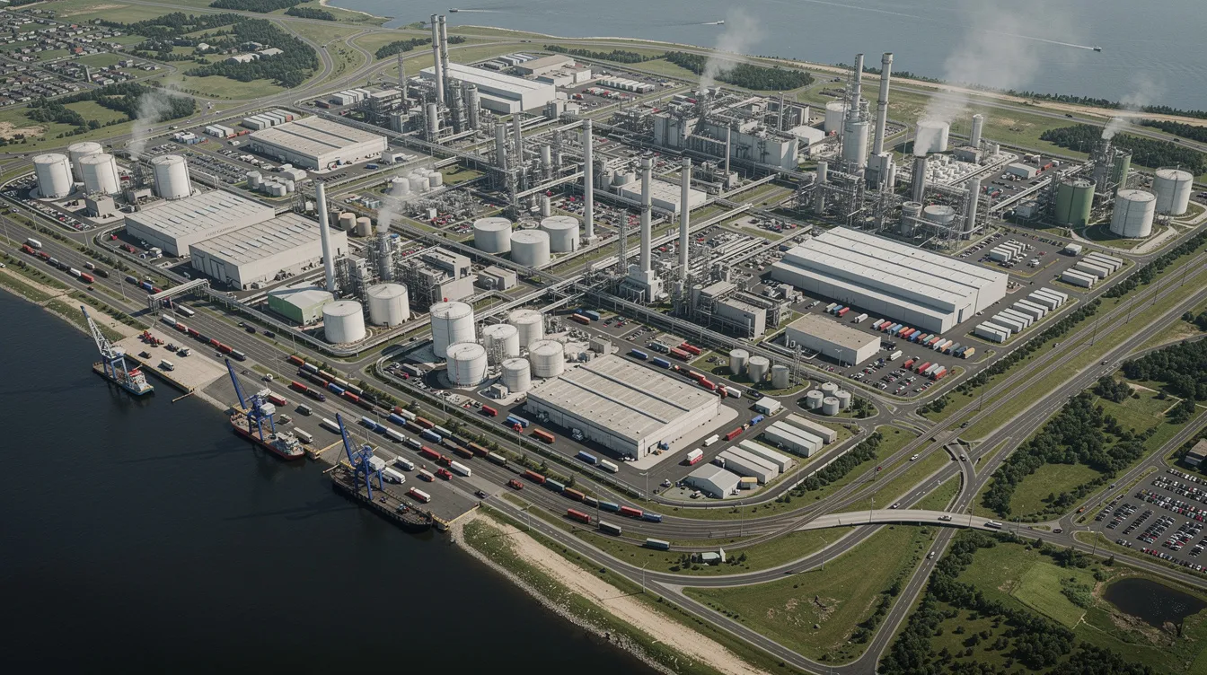 Die Luftaufnahme zeigt einen großen Industriekomplex an einem Fluss, der zahlreiche Produktionsanlagen beherbergt, die typischerweise von großen Chemieunternehmen in Deutschland genutzt werden. In diesem Bereich sind verschiedene chemische Prozesse und die Herstellung von Chemikalien zu erkennen, die für die Chemiebranche von Bedeutung sind.