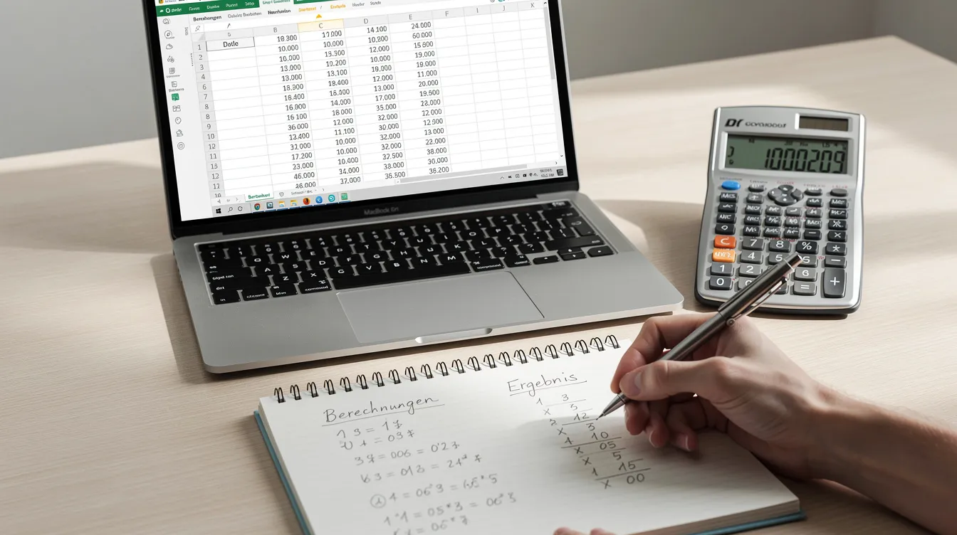 Das Bild zeigt einen Arbeitsplatz mit einem Laptop, einem Taschenrechner und einem Notizblock, auf dem Berechnungen durchgeführt werden. Diese Ausstattung ist typisch für eine Analyse von Marktanteilen und der Berechnung des Herfindahl-Hirschman-Index (HHI) zur Bewertung der Marktkonzentration.