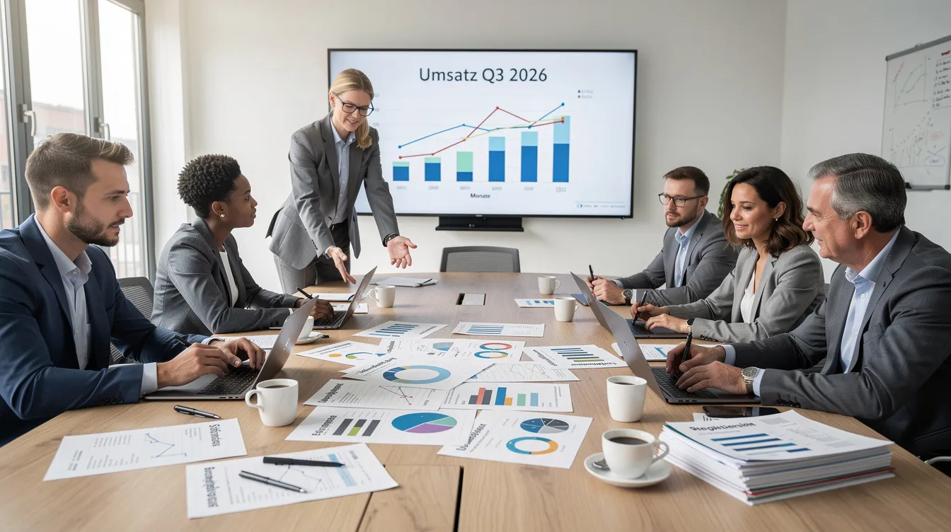 Das Bild zeigt eine Geschäftsbesprechung, bei der mehrere Personen an einem Tisch sitzen und auf Diagramme sowie Dokumente schauen, die Informationen zur Marktanalyse und zur BCG-Matrix enthalten. Die Teilnehmer diskutieren strategische Entscheidungen bezüglich der Marktposition ihrer Produkte und Dienstleistungen.