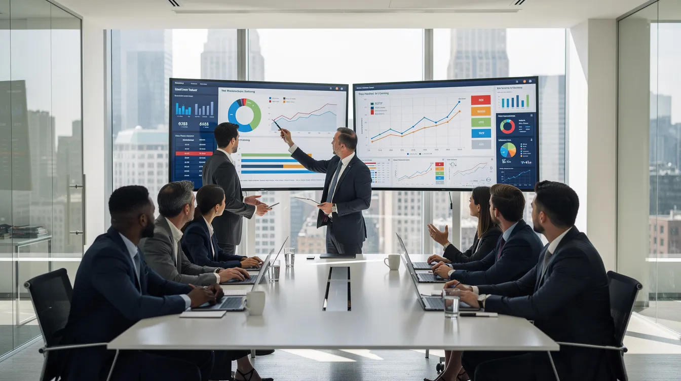 Ein Geschäftsteam arbeitet in einem modernen Büro und analysiert Daten auf mehreren Bildschirmen, um strategische Entscheidungen zur Kundengewinnung und Marktanteil zu treffen. Die Teammitglieder diskutieren Herausforderungen und Möglichkeiten zur Verbesserung der Dienstleistungen und Produkte ihres Unternehmens.