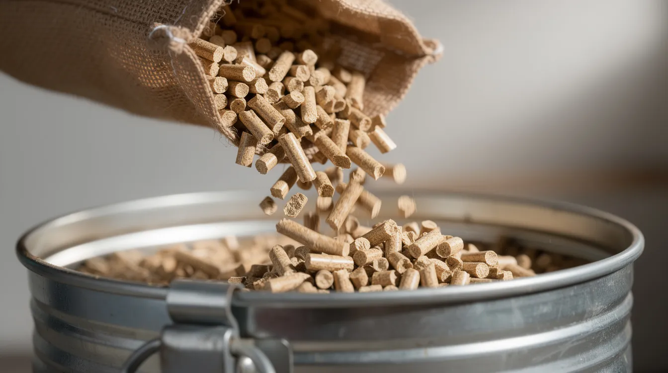 Eine Nahaufnahme zeigt Holzpellets, die aus einem Sack in einen Vorratsbehälter geschüttet werden, und verdeutlicht die Qualität und Verarbeitung dieser umweltfreundlichen Heizmaterialien für Pelletofen-Modelle. Diese Aktion symbolisiert die effiziente Nutzung von Holzpellets zur Gewährleistung von Wärme und Komfort im Zuhause.