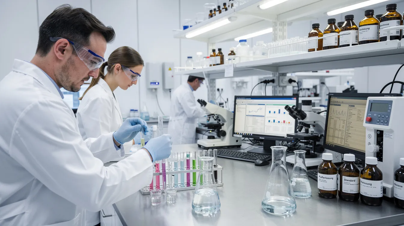 In einer modernen Laborumgebung arbeiten Wissenschaftler in weißen Kitteln an verschiedenen Glasgefäßen und Analysegeräten. Diese Szene spiegelt die Dynamik der Chemieindustrie wider, in der Unternehmen wie BASF SE und Bayer AG eine zentrale Rolle spielen.