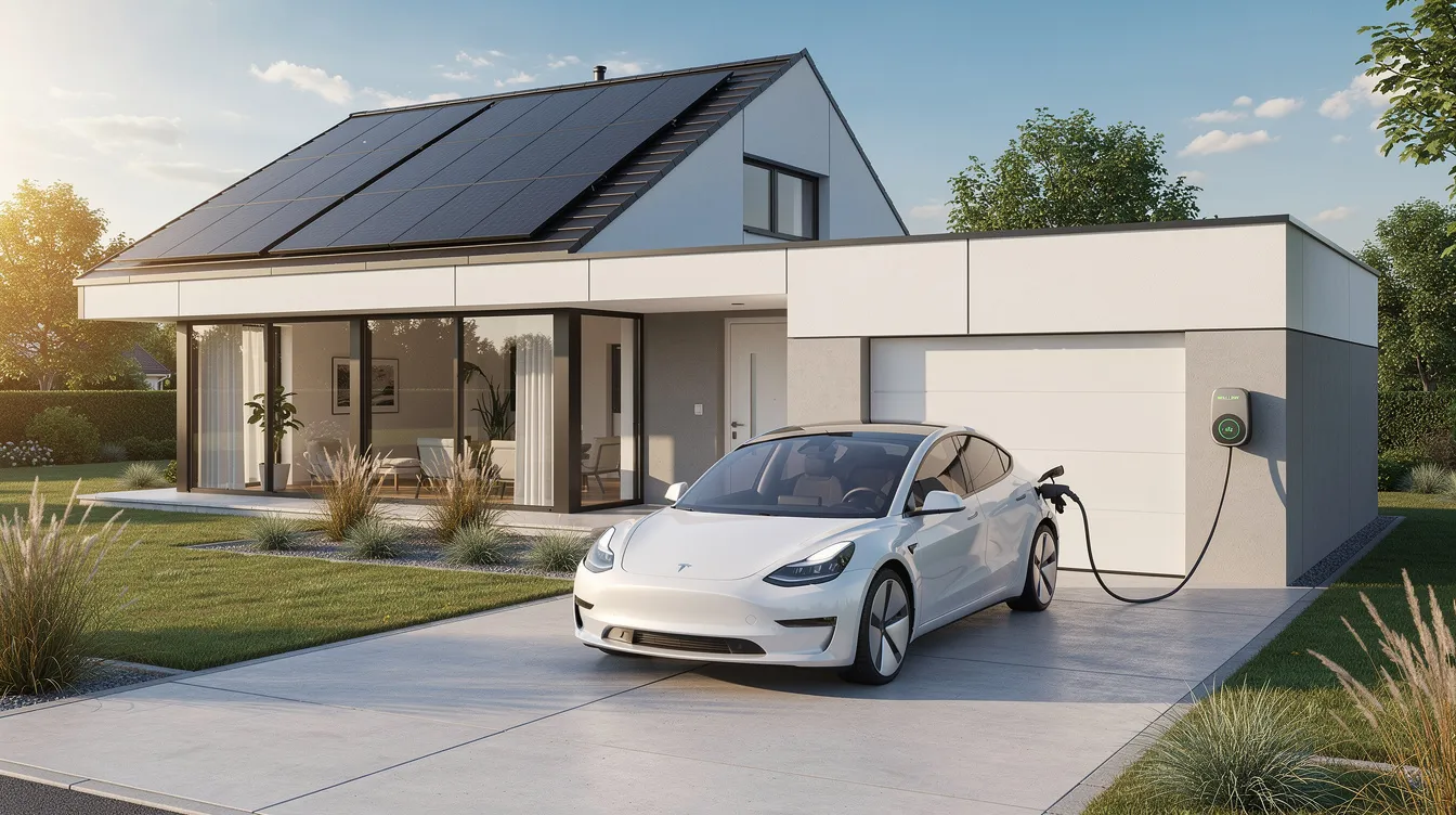 Das Bild zeigt ein modernes Einfamilienhaus, das mit integrierten Solarmodulen auf dem Dach ausgestattet ist. In der Einfahrt steht ein Elektroauto neben einer Wallbox, was die Nutzung erneuerbarer Energien und die Bedeutung von Photovoltaik in Deutschland unterstreicht.