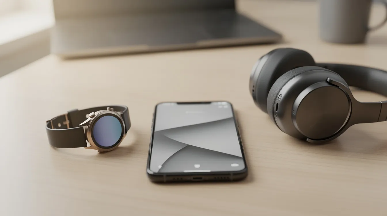 Das Bild zeigt verschiedene elektronische Geräte wie ein Smartphone, eine Smartwatch und Kopfhörer, die ordentlich auf einem Schreibtisch angeordnet sind. Diese Produkte repräsentieren aktuelle Trends im Markt der Unterhaltungselektronik und könnten Teil einer Marktanalyse oder Portfolioanalyse im Rahmen der BCG Matrix sein.