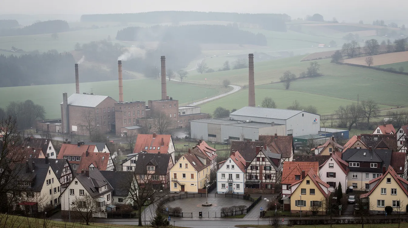 Die Abbildung zeigt eine kleine deutsche Stadt, in der Industriegebäude vor einer hügeligen Landschaft angeordnet sind. Diese Szenerie spiegelt die wirtschaftliche Vielfalt und Innovationskraft wider, die typisch für deutsche Mittelstandsunternehmen und Weltmarktführer ist.