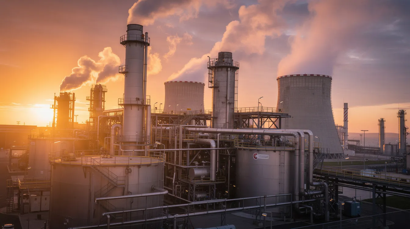 Die Industrieanlage einer Chemiefabrik zeigt umfangreiche Rohrleitungen und Dampf, die bei Sonnenuntergang in ein warmes Licht getaucht sind. Diese Szene spiegelt die Bedeutung der Chemieindustrie in Deutschland wider, in der große Unternehmen wie BASF und Bayer AG eine zentrale Rolle spielen.