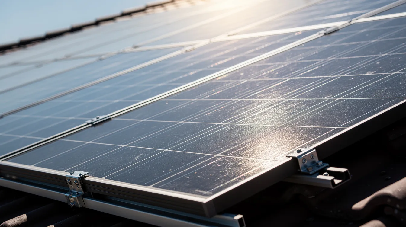 Die Nahaufnahme zeigt moderne Solarzellen auf einem Hausdach, die im strahlenden Sonnenlicht glänzen. Diese Photovoltaikanlagen repräsentieren die Zukunft der erneuerbaren Energien und tragen zur nachhaltigen Stromerzeugung in Deutschland bei.