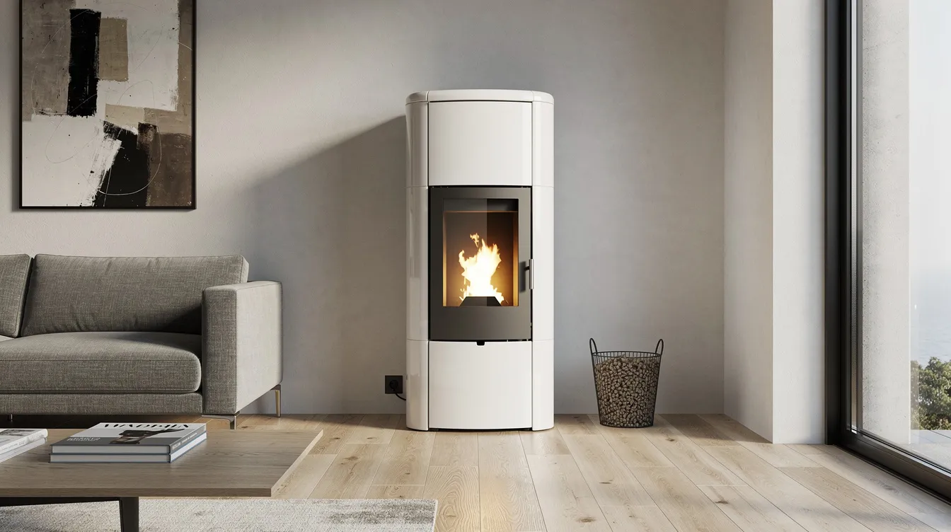 Ein eleganter italienischer Design-Pelletofen mit Keramikverkleidung steht in einem modernen Wohnraum und sorgt für eine angenehme Wärme. Der Pelletofen, ein Produkt führender Hersteller wie La Nordica Extraflame, vereint Ästhetik mit effizienter Heizleistung und bietet somit eine komfortable Lösung für die Heizung Ihres Zuhauses.
