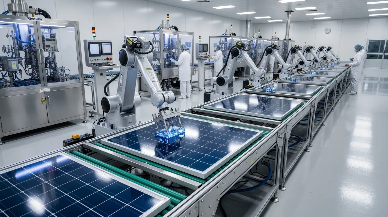 Die Abbildung zeigt eine moderne Produktionslinie in einer Solarmodulfabrik, in der Roboter effizient mit Siliziumwafern arbeiten. Diese hochentwickelte Fertigungstechnologie ist ein wichtiger Bestandteil der Photovoltaikbranche und trägt zur Herstellung von hochwertigen Solarmodulen für erneuerbare Energien bei.