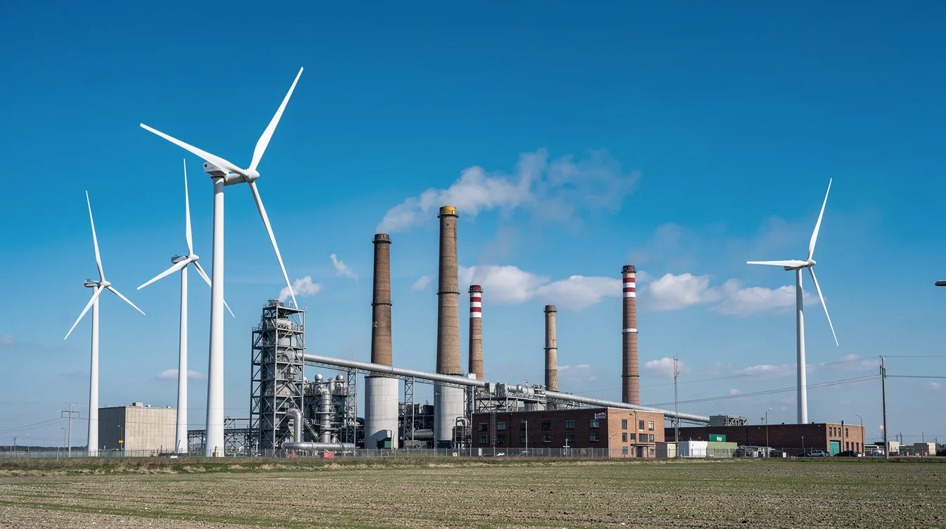 Das Bild zeigt Windräder, die neben einer großen Industrieanlage mit hohen Schornsteinen stehen, vor einem strahlend blauen Himmel. Diese Szene ist charakteristisch für die chemische Industrie in Deutschland, wo Unternehmen wie BASF und Bayer AG eine wichtige Rolle spielen.